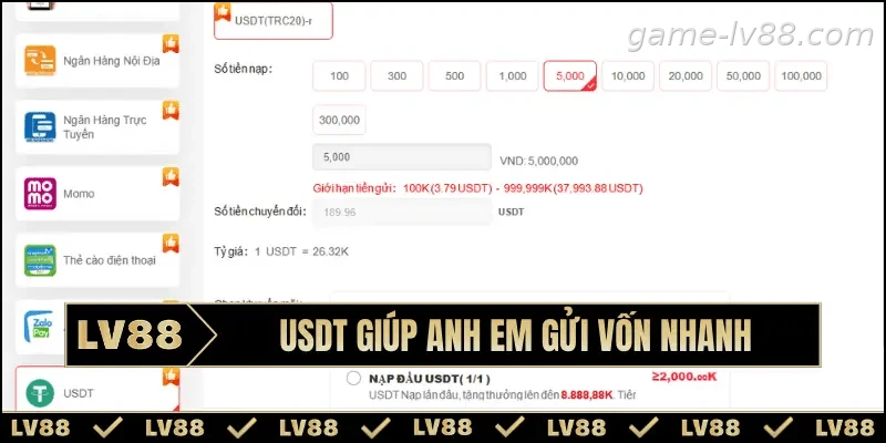 Nạp tiền bằng USDT trên hệ thống LV88